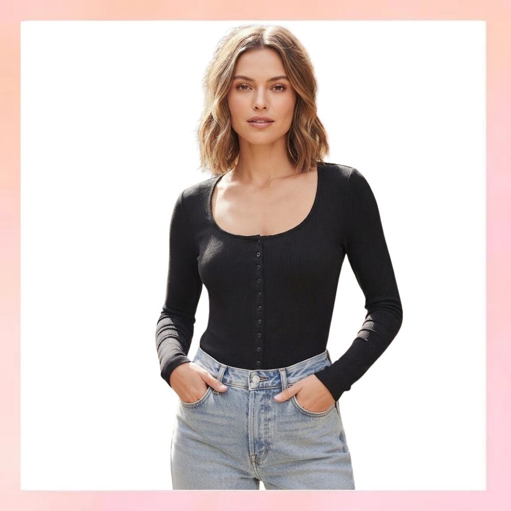 SCOOP Black Ribbed Long Sleeve Scoop Neck Button-Front Top Size M 8-10